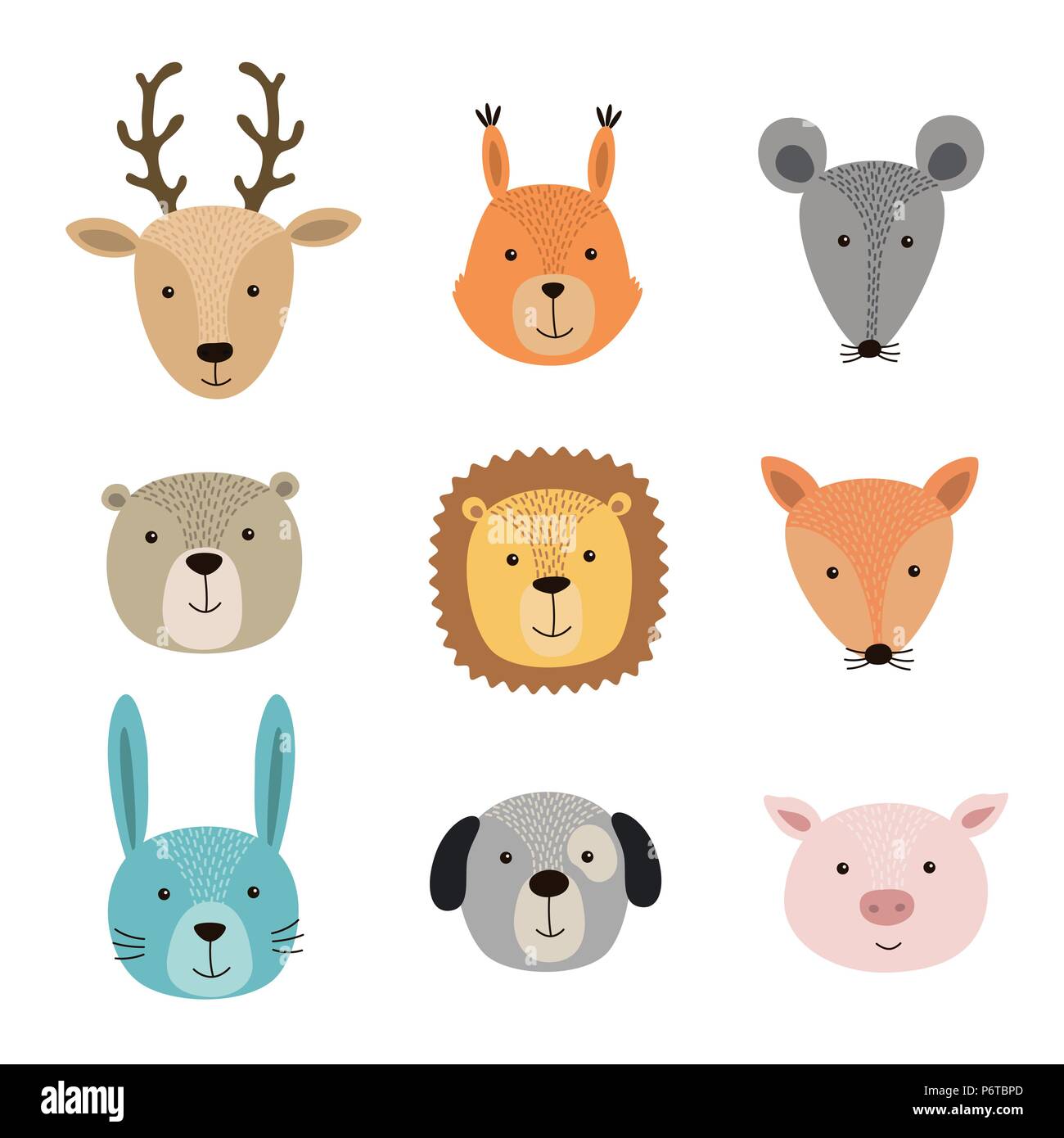 Vector illustration of animal faces including deer, squirrel, hare, lion, pig, fox, mouse, dog, bear Stock Vector