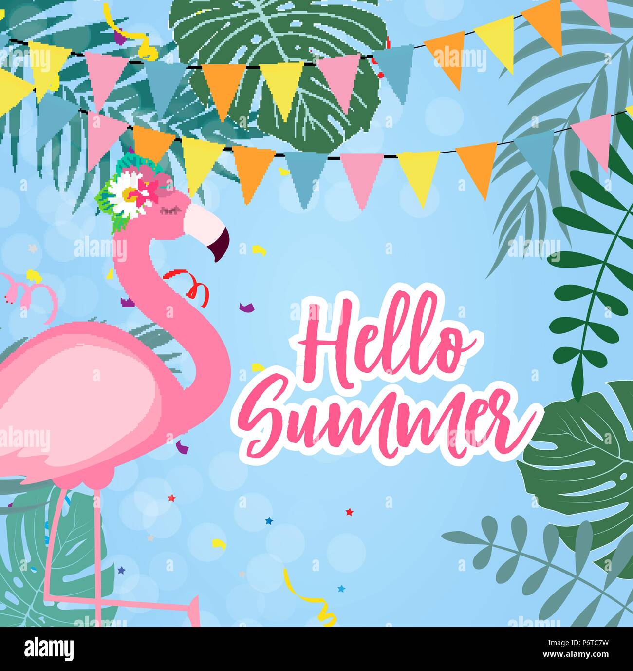 Cute Pink Flamingo Hello Summer Background Vector Illustration Stock ...