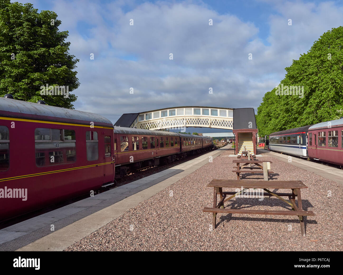 The Platforms and Footbridge at the Caledonian Railways Privately owned Bridge of Dun Rail Station in Angus, Scotland. Stock Photo