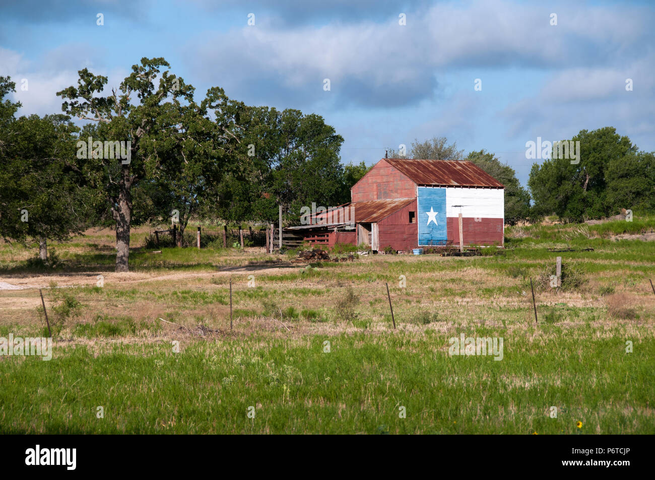 Texas State Flag painted on the side of a red barn in a pasture during the summer. Stock Photo