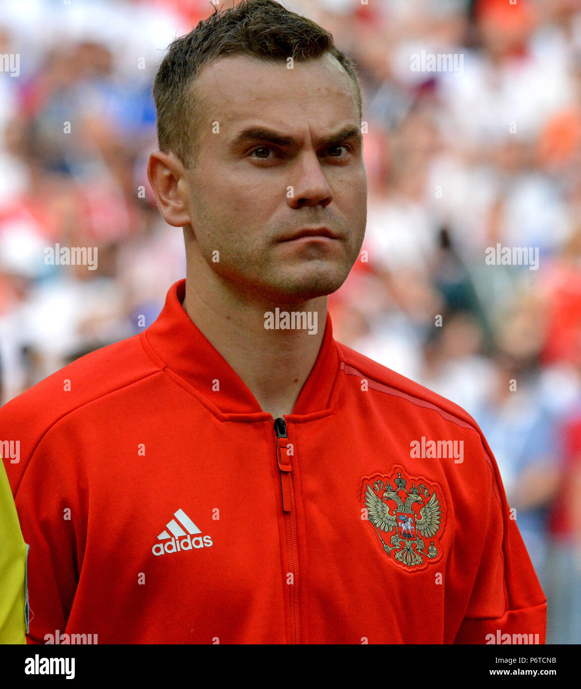 Moscow, Russia - July 1, 2018. Russian national football team goalkeeper Igor Akinfeev before FIFA World Cup 2018 Round of 16 match Spain vs Russia. H Stock Photo