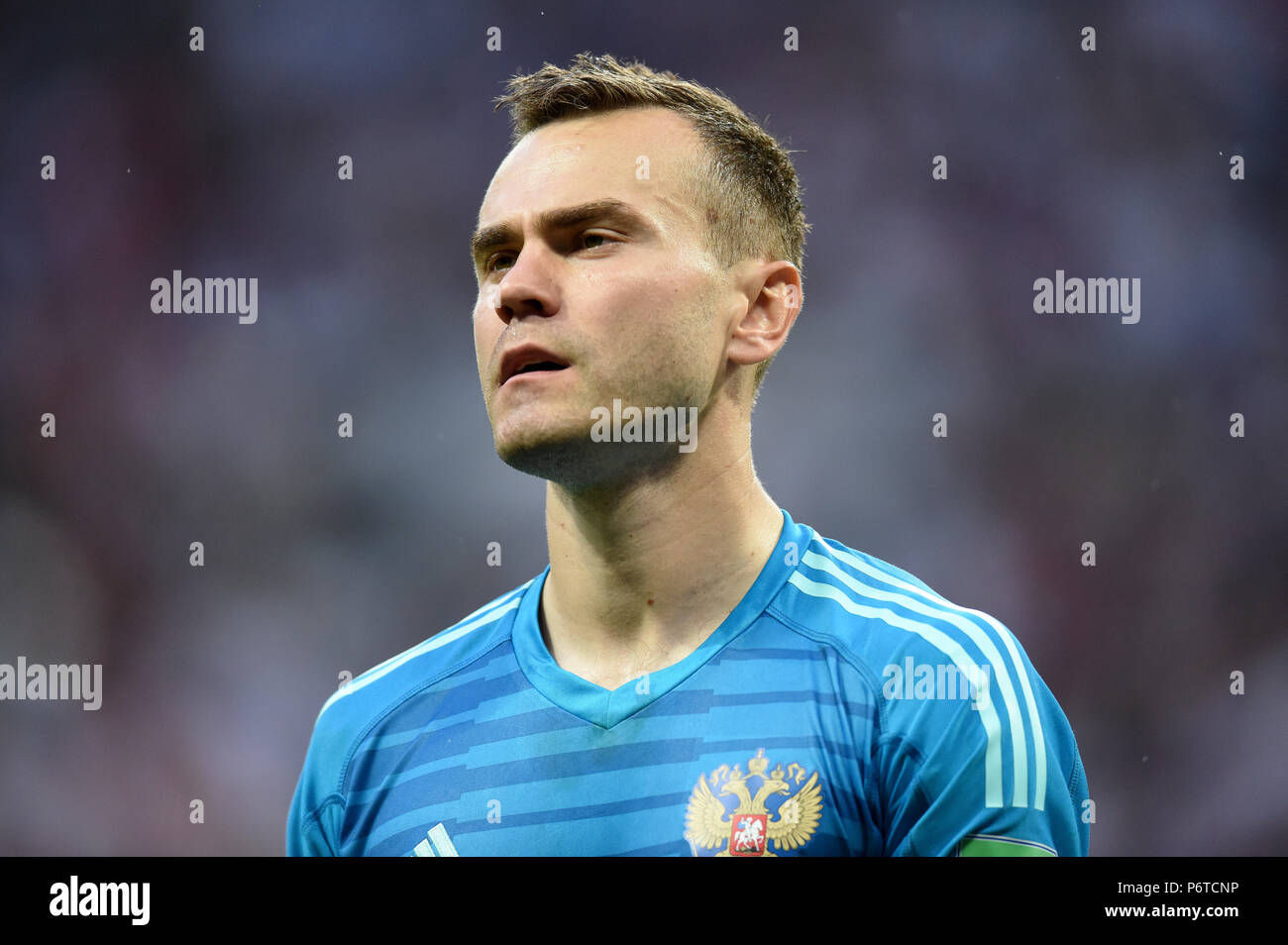 Moscow, Russia - July 1, 2018. Russian national football team goalkeeper Igor Akinfeev during penalty shootout in FIFA World Cup 2018 Round of 16 matc Stock Photo