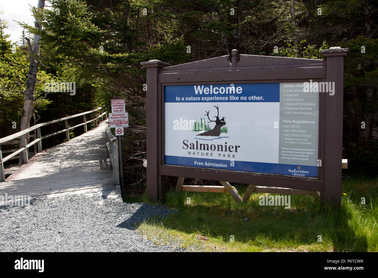 June 22, 2018 - Salmonier Nature Park, Newfoundland: A sign indicating the entrance of the Salmonier Line Trail Stock Photo