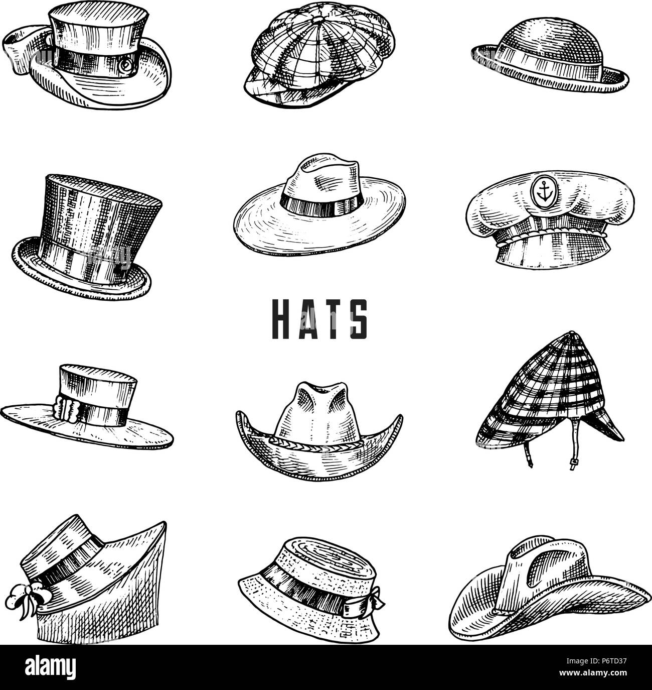 Summer vintage Hats collection for elegant men,woman, female and ladies. Fedora Derby Deerstalker Homburg Bowler Straw Beret Captain Cowboy Porkpie Boater. Retro fashion set. English style. Hand drawn Stock Vector