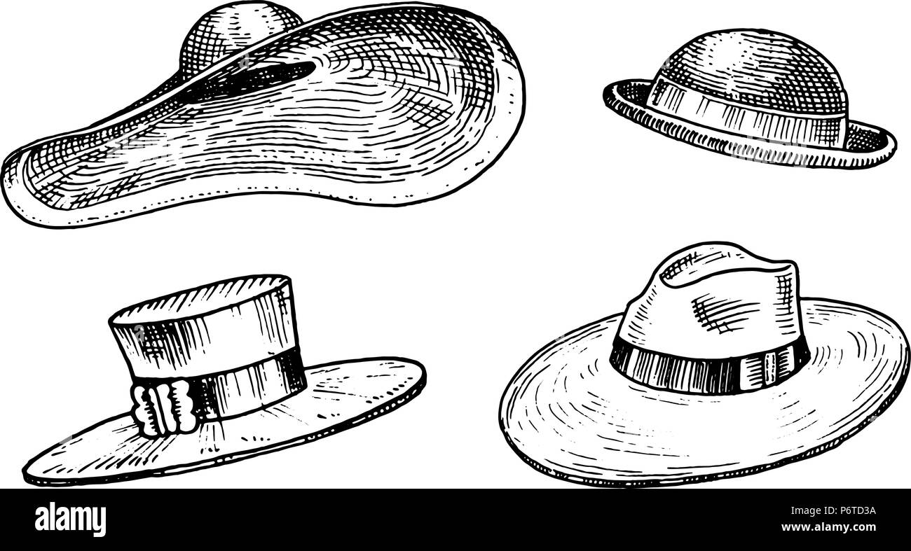 Summer vintage Hats collection for elegant woman, female and ladies. Retro  fashion set. Breton Panama, Broad-brim, Slouch Cloche, Poke bonnet. Hand  drawn engraved vintage sketch Stock Vector Image & Art - Alamy