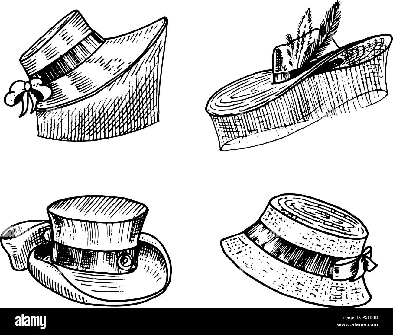 Summer vintage Hats collection for elegant woman, female and ladies. Retro fashion set. Breton Panama, Broad-brim, Slouch Cloche, Poke bonnet. Hand drawn engraved vintage sketch Stock Vector