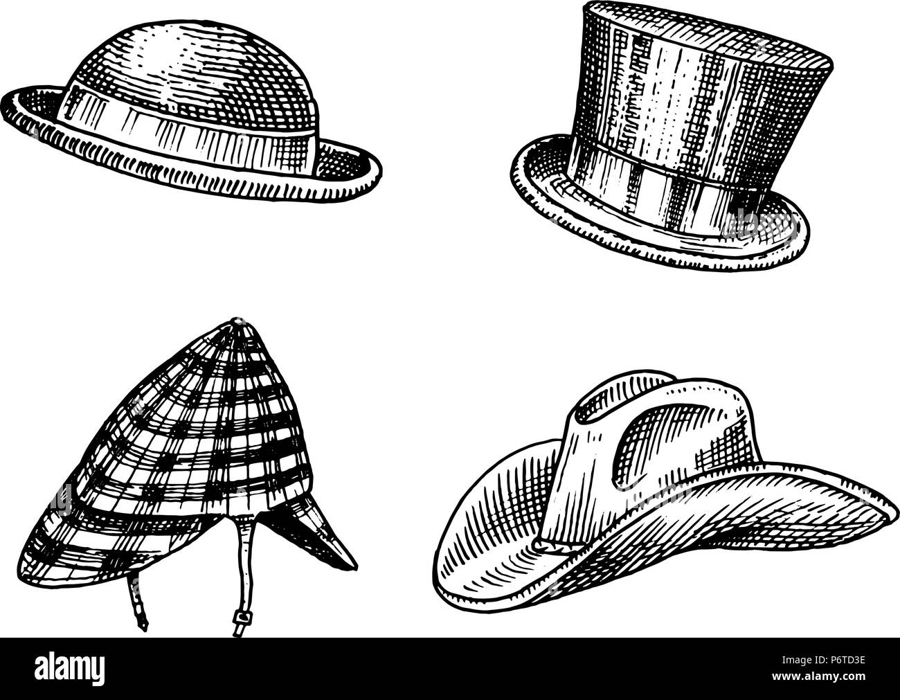 Summer vintage Hats collection for elegant men. Fedora Derby Deerstalker Homburg Bowler Straw Beret Captain Cowboy Porkpie Boater Peaked cap. Retro fashion set. English style. Hand drawn sketch. Stock Vector
