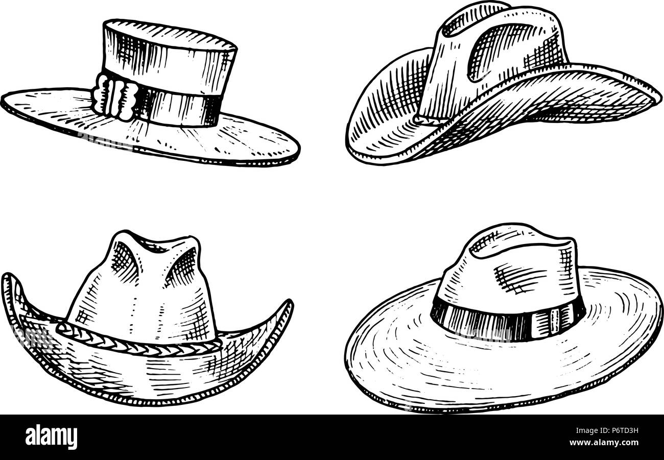 Summer vintage Hats collection for elegant men. Fedora Derby Deerstalker Homburg Bowler Straw Beret Captain Cowboy Porkpie Boater Peaked cap. Retro fashion set. English style. Hand drawn sketch. Stock Vector