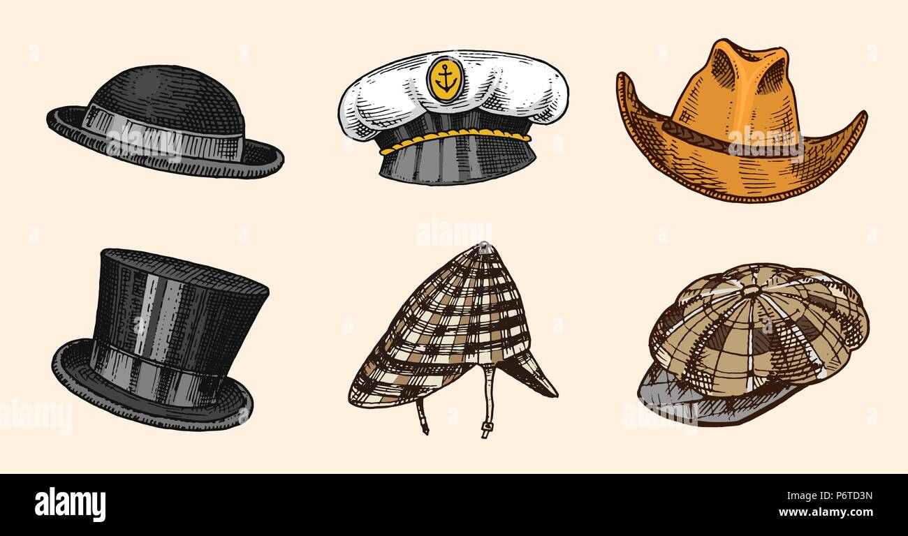 Summer vintage Hats collection for elegant men,woman, female and ladies. Fedora Derby Deerstalker Homburg Bowler Straw Beret Captain Cowboy Porkpie Boater. Retro fashion set. English style. Hand drawn Stock Vector