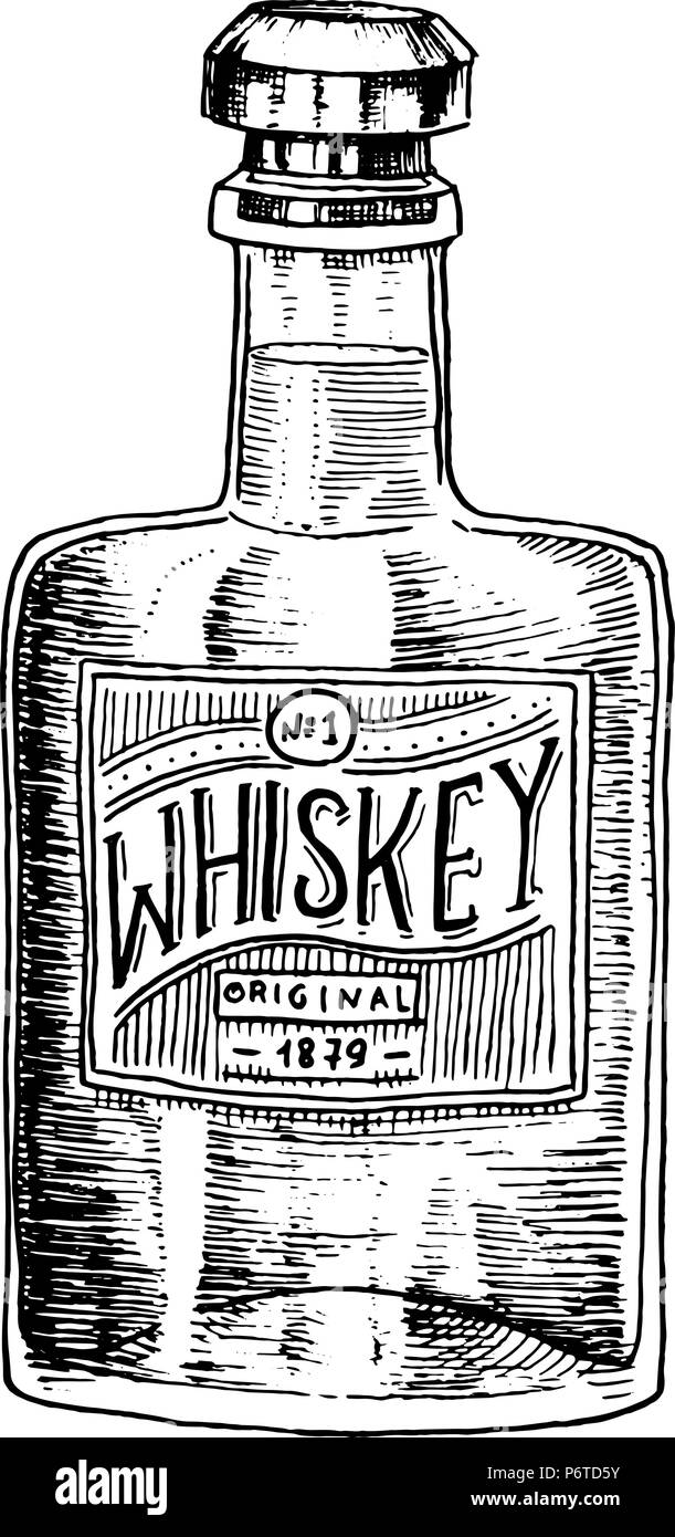 Vintage Whiskey bottle with label. American badge. Alcoholic Label with calligraphic elements. Hand drawn engraved sketch lettering for t-shirt. Classic frame for bottle poster banner. Stock Vector