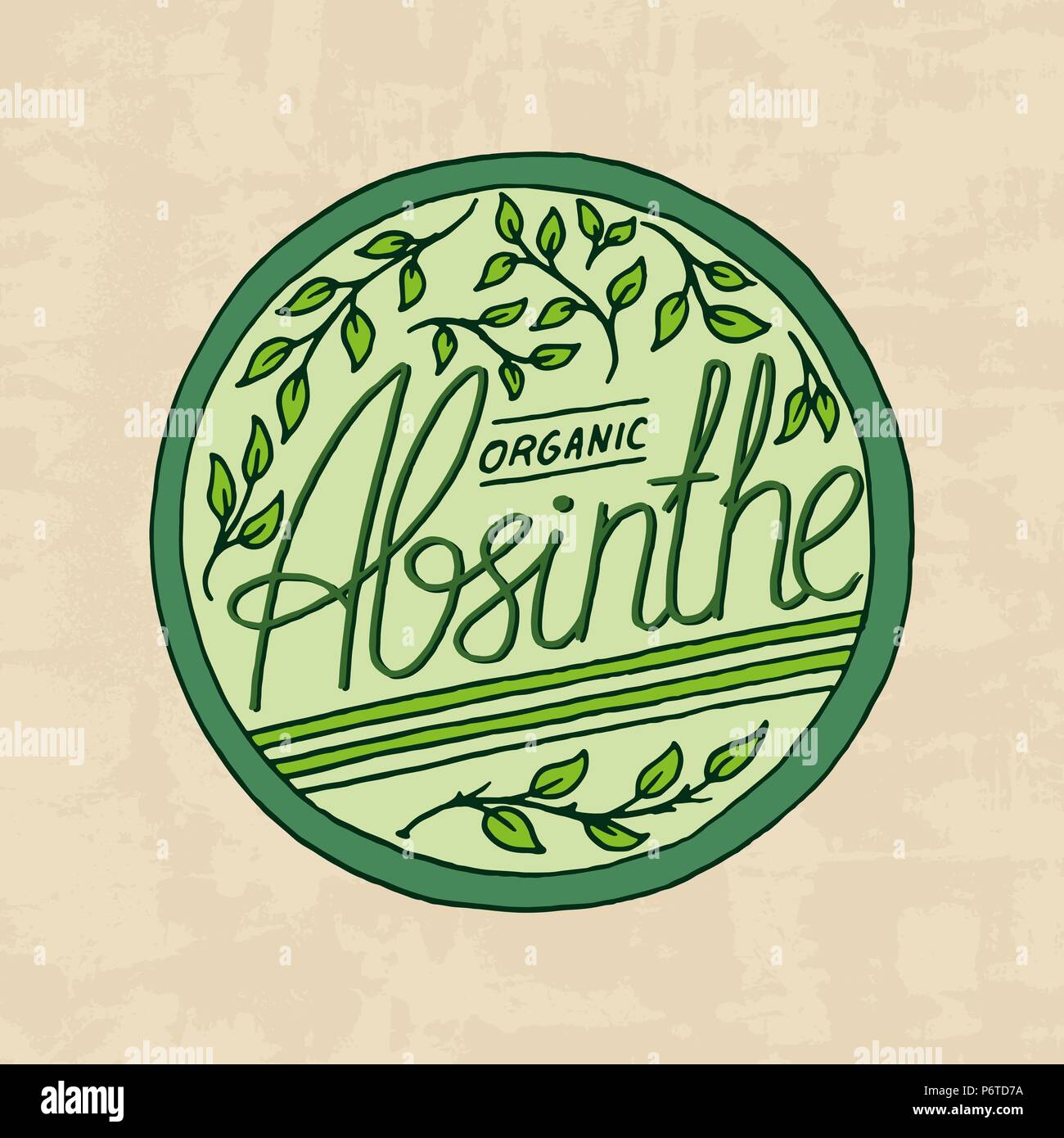 Vintage absinthe label badge. Strong Alcohol logo with calligraphic element. Frame for poster banner. Emblem sticker Hand drawn engraved lettering for t-shirt. Stock Vector