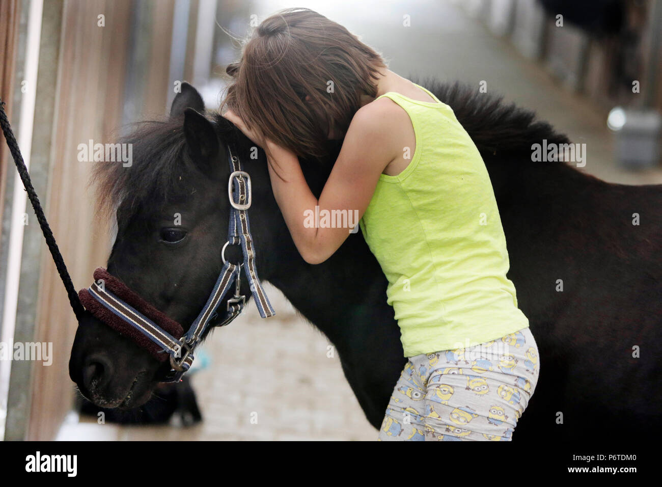 Oberoderwitz, little girl cuddles sadly with her pony Stock Photo