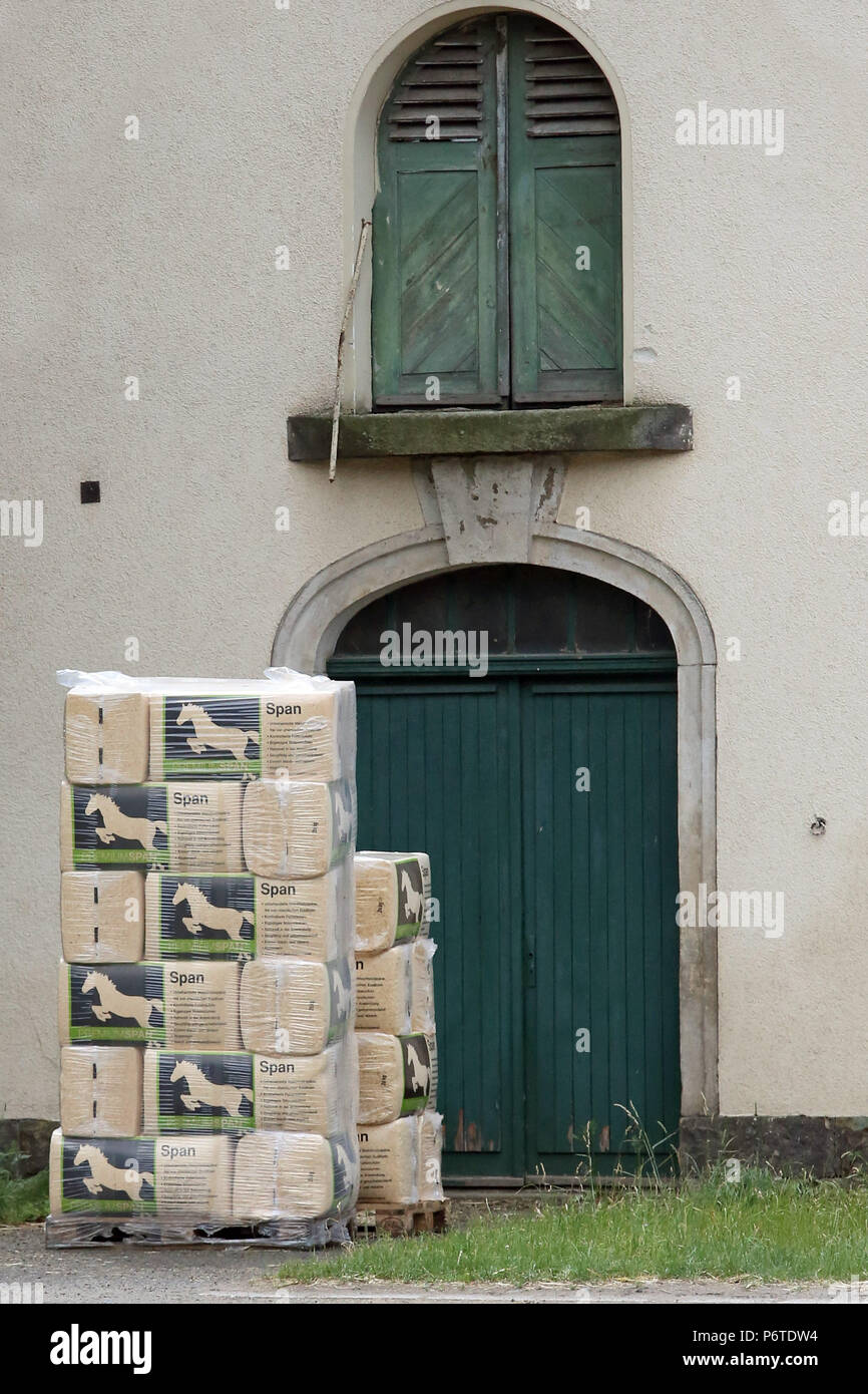 Dresden, Einsteu for horse boxes is in front of the locked barn door Stock Photo