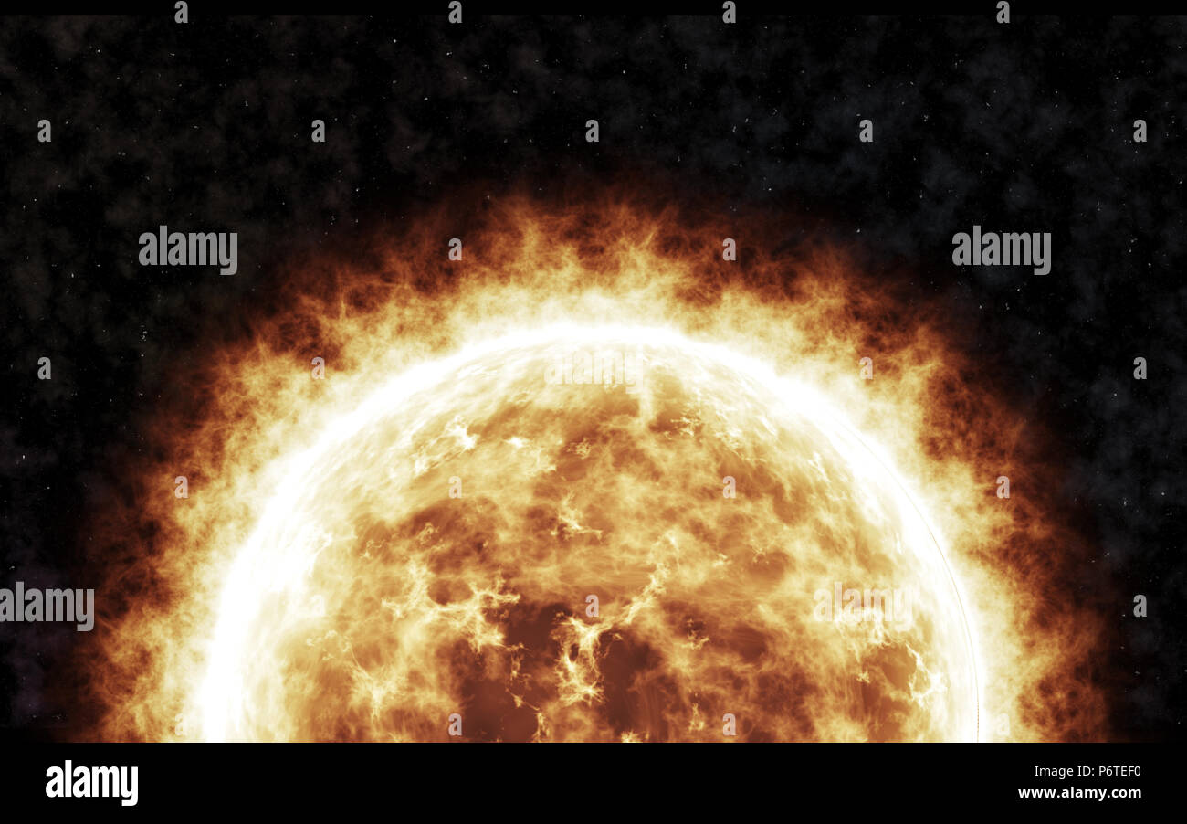 Sun Digital art Wallpaper.Bright fiery sun in space. Stock Photo