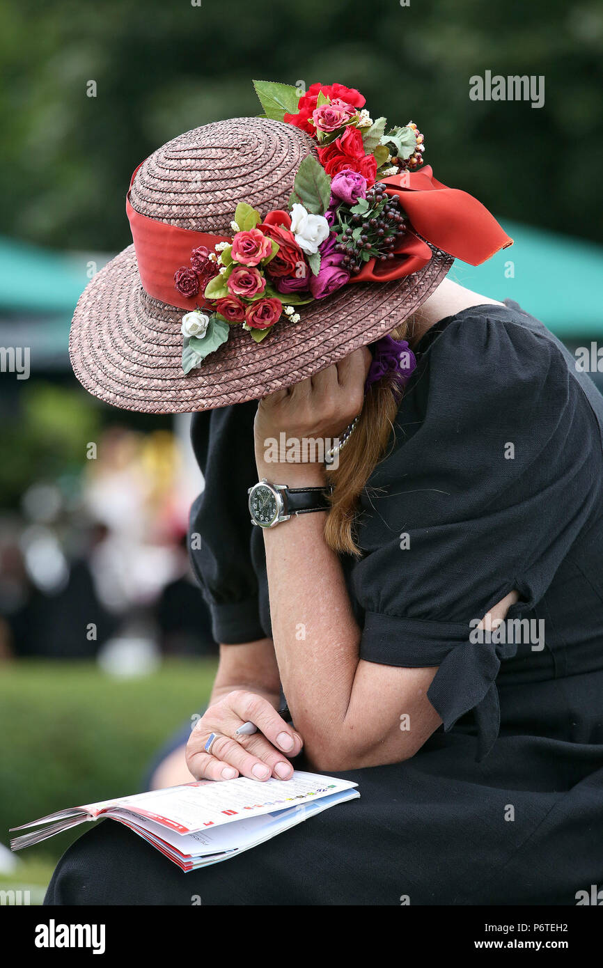 Hannover, woman with hat reads in the racing program Stock Photo