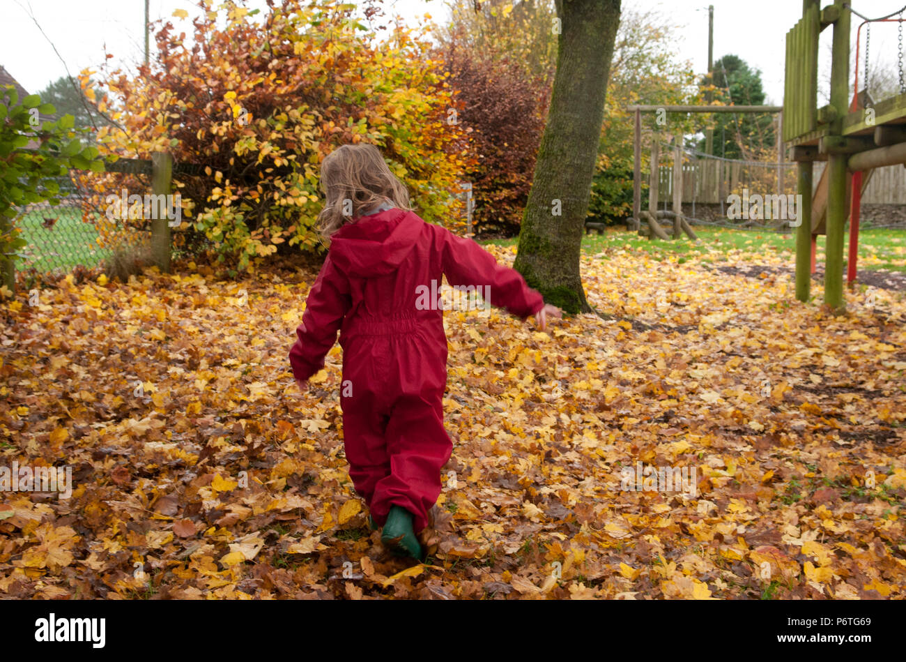 Rear view of toddler walking through autumn leaves wearing a red puddle suit and green wellies Stock Photo