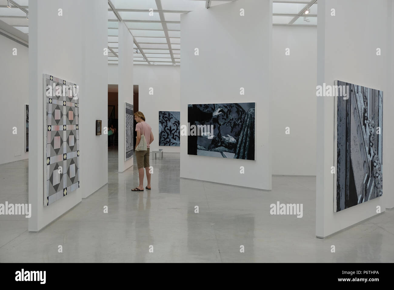 A visitor views paintings by Israeli artist Oren Eliav part of his solo exhibition entitled 'How to Disappear Completely' displayed at the Arts Wing of the Israel Museum in West Jerusalem Israel Stock Photo