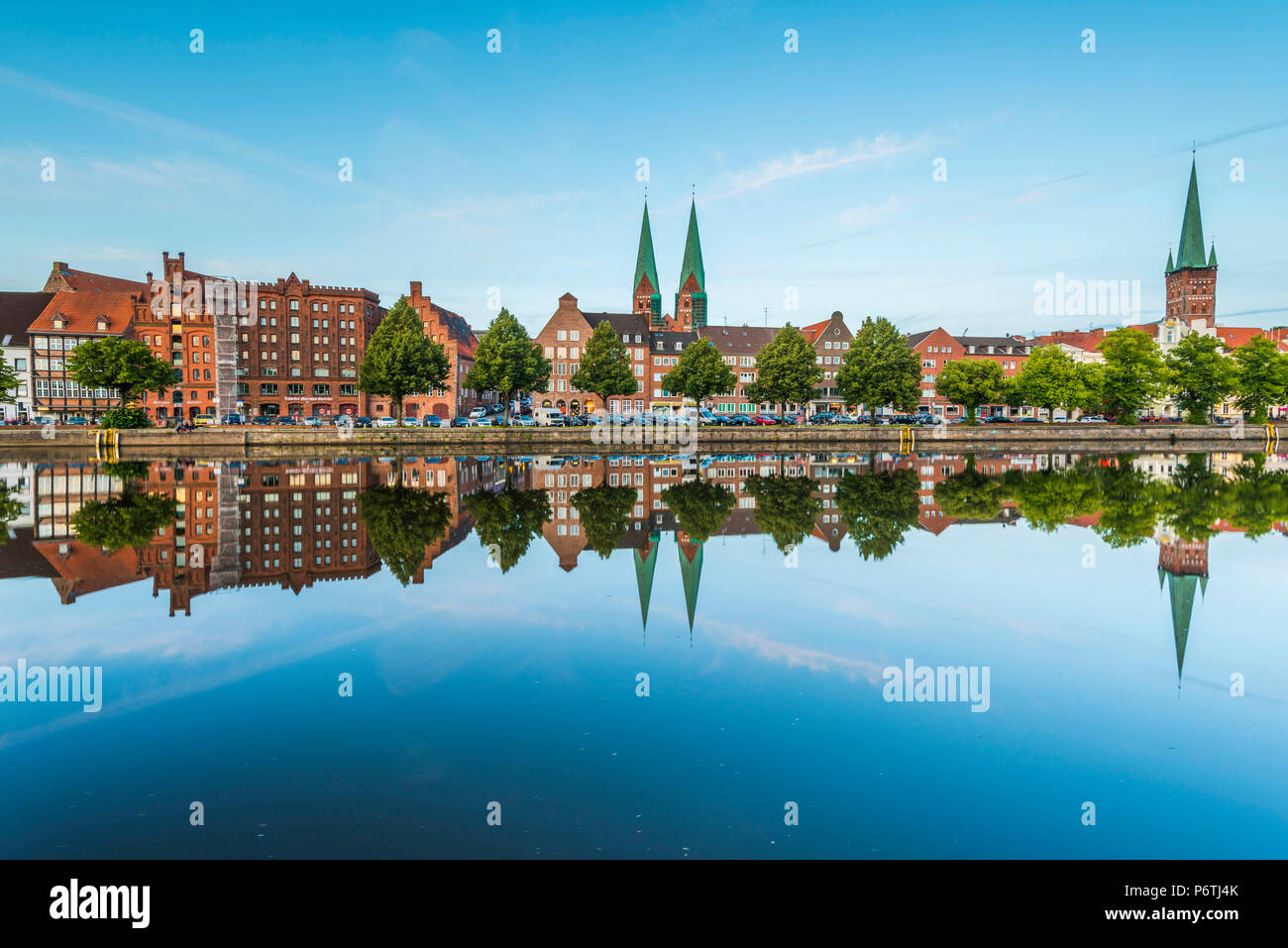 LÃ¼beck, Baltic coast, Schleswig-Holstein, Germany. Old town's houses reflecting in the Trave river. Stock Photo