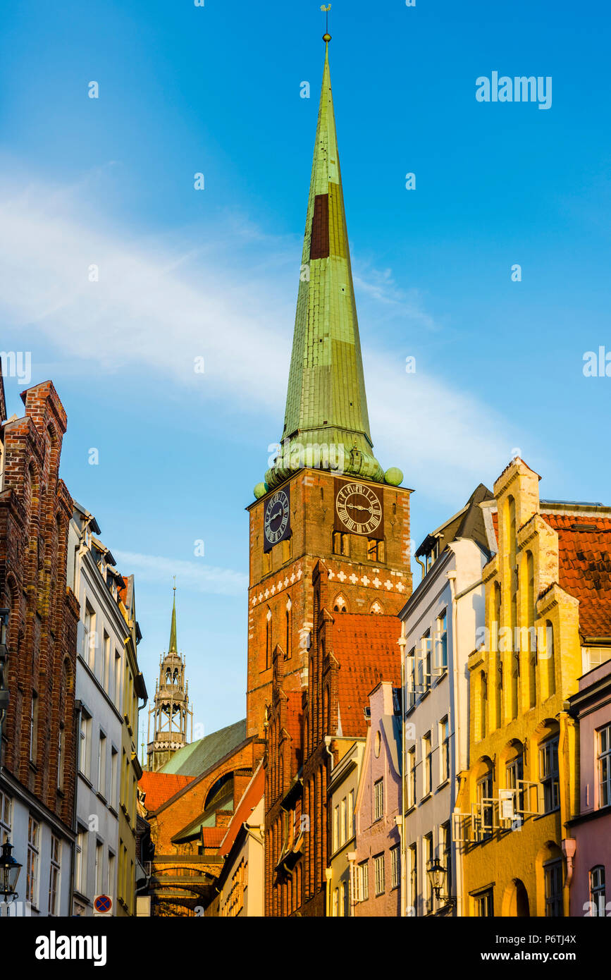 LÃ¼beck, Baltic coast, Schleswig-Holstein, Germany. Sankt Jakobi Church and the typical architecture with crow-stepped gables. Stock Photo