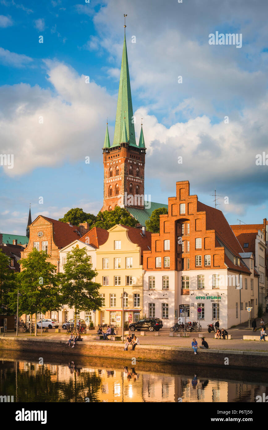 LÃ¼beck, Baltic coast, Schleswig-Holstein, Germany. Old town's houses along the Trave river's waterfront. Stock Photo