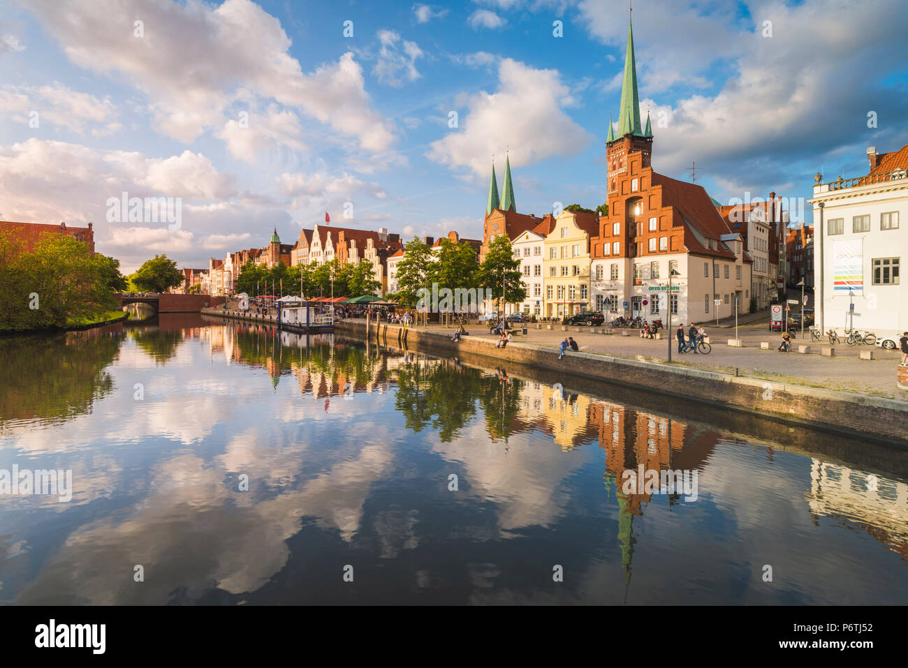 LÃ¼beck, Baltic coast, Schleswig-Holstein, Germany. Old town's houses along the Trave river's waterfront. Stock Photo
