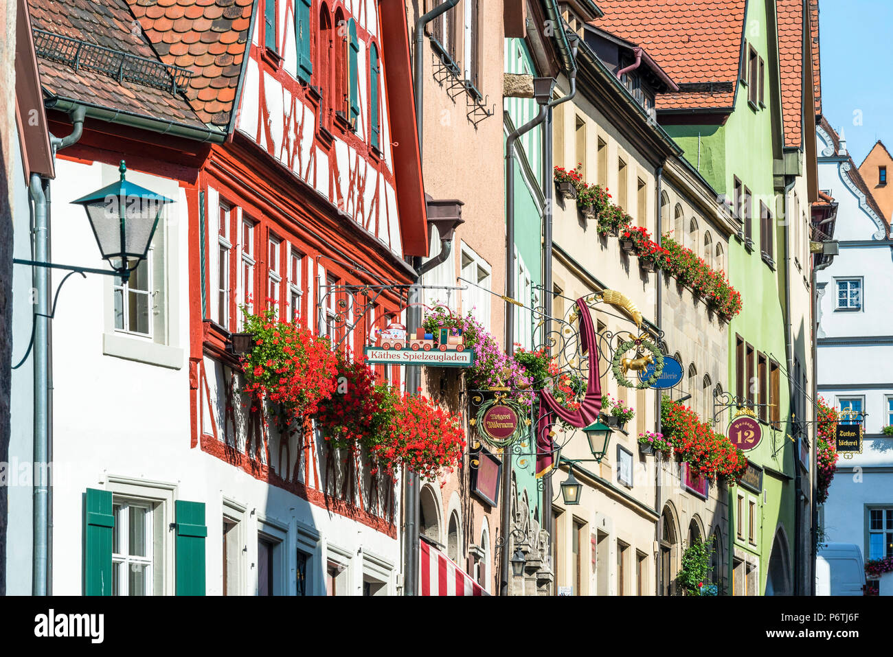 Colorful traditional timber houses in Rothenburg ob der Tauber, Bavaria, Germany Stock Photo