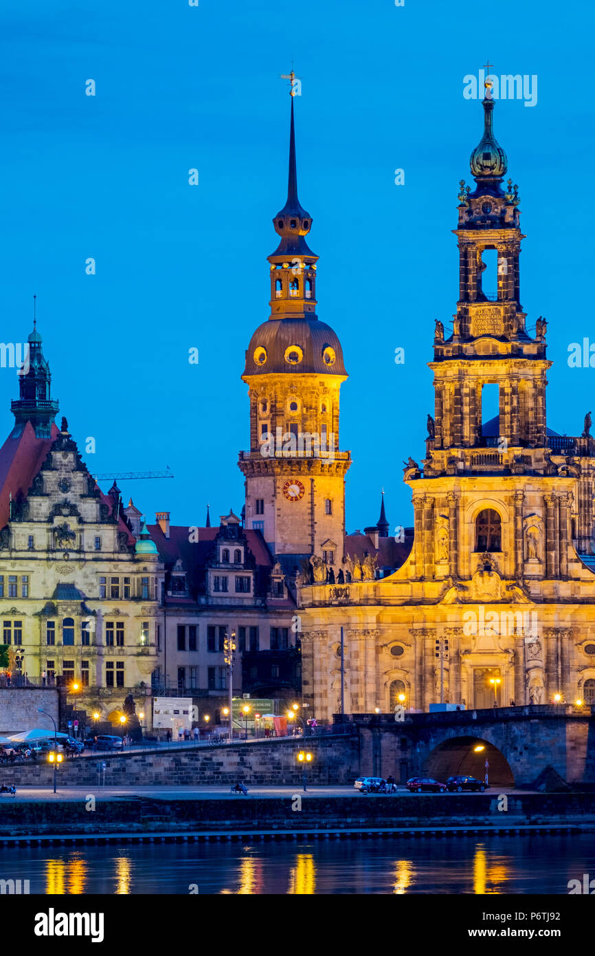 Germany, Saxony, Dresden, Altstadt (Old Town). Dresden skyline, historic buildings along the Elbe River at night. Stock Photo