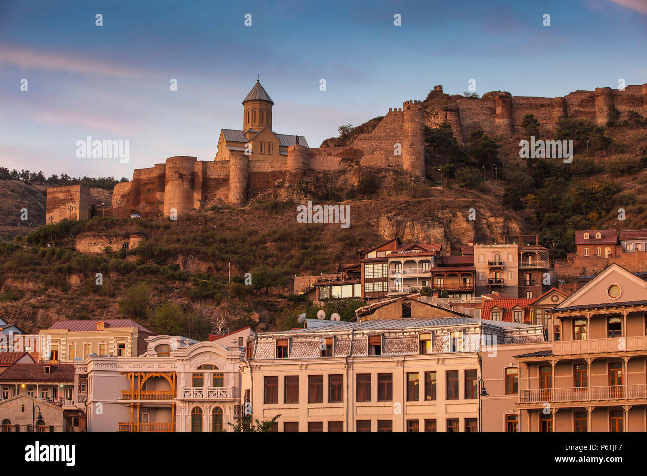 Georgia, Tbilisi, View of Old town and Narikala Fortress Stock Photo