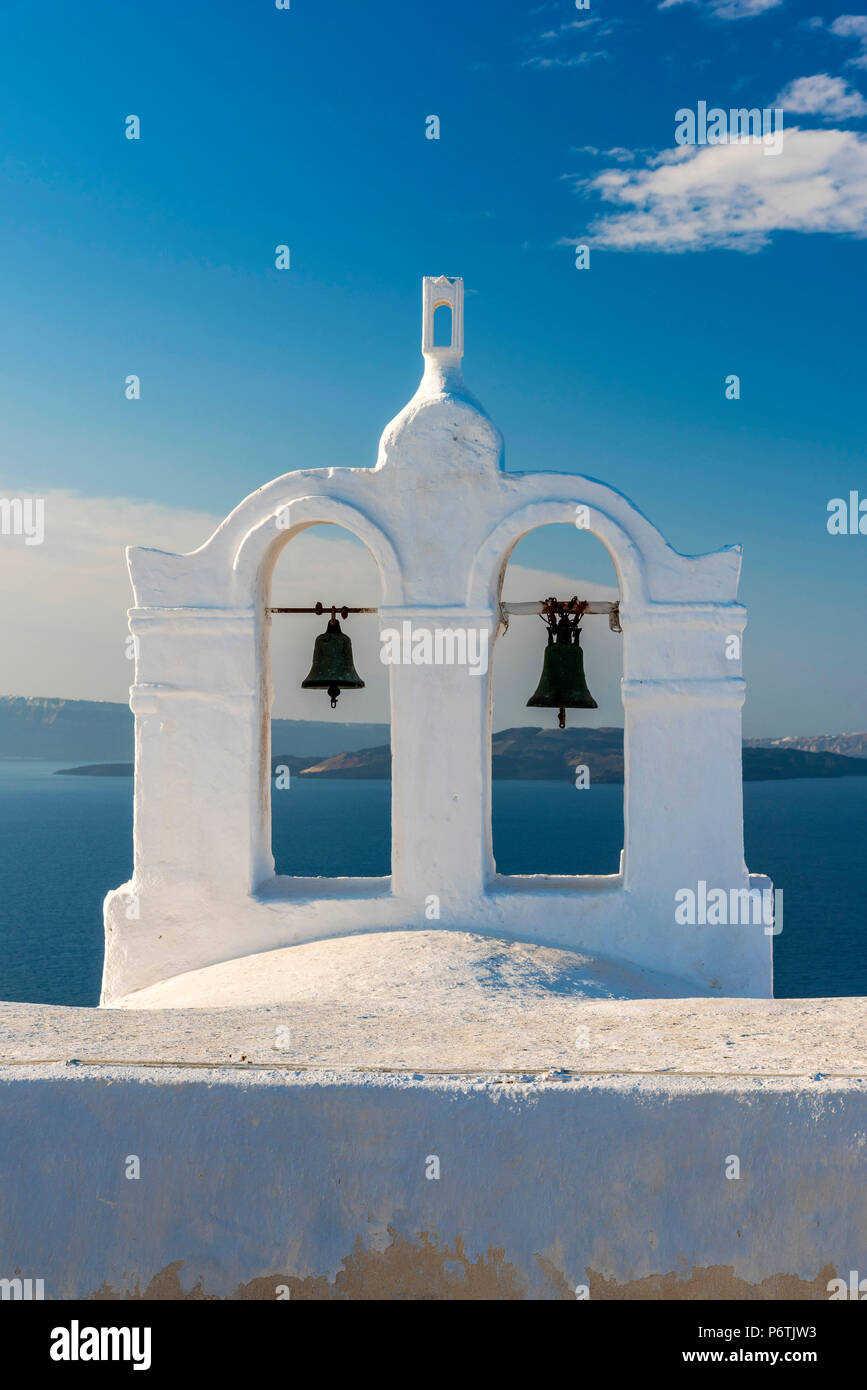 Traditional white belfry, Oia, Santorini, South Aegean, Greece Stock Photo
