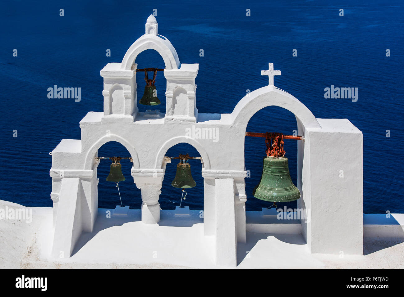 Typical Greek white befry, Oia, Santorini, South Aegean, Greece Stock Photo