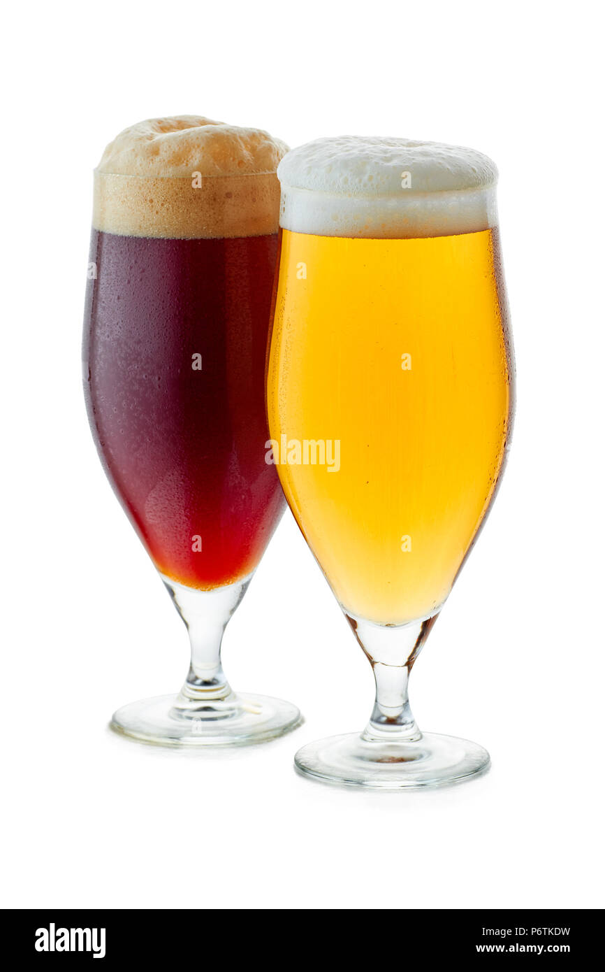 Two glasses of pale amber and dark beer Stock Photo