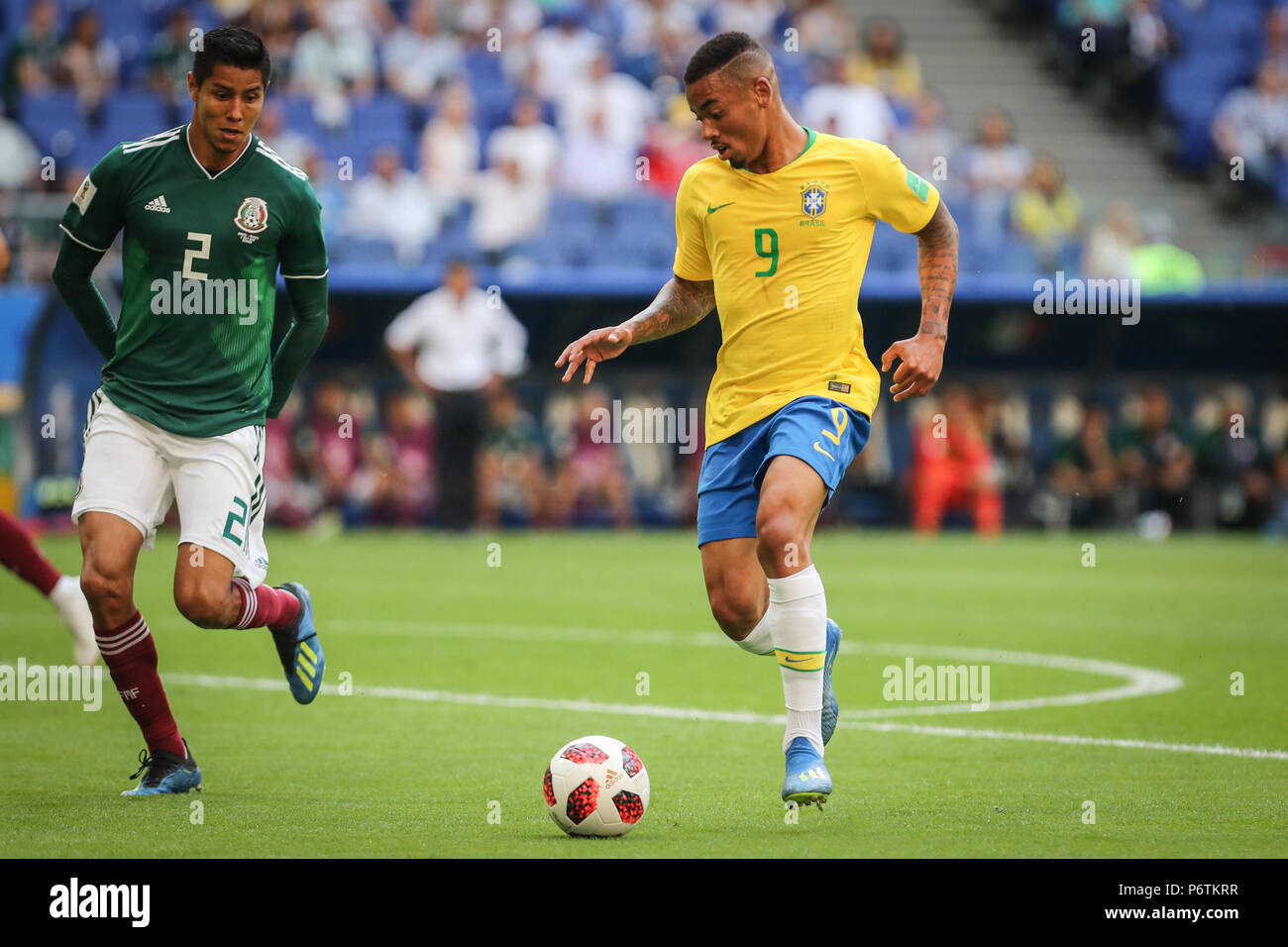 Samara, Russia. 02nd July, 2018. Hugo AYALA and GABRIEL JESUS during the game between Brazil and Mexico valid for the octaves of finals of the 2018 World Cup held in Arena Samara, Russia. Brazil won 2-0. Credit: Thiago Bernardes/Pacific Press/Alamy Live News Stock Photo