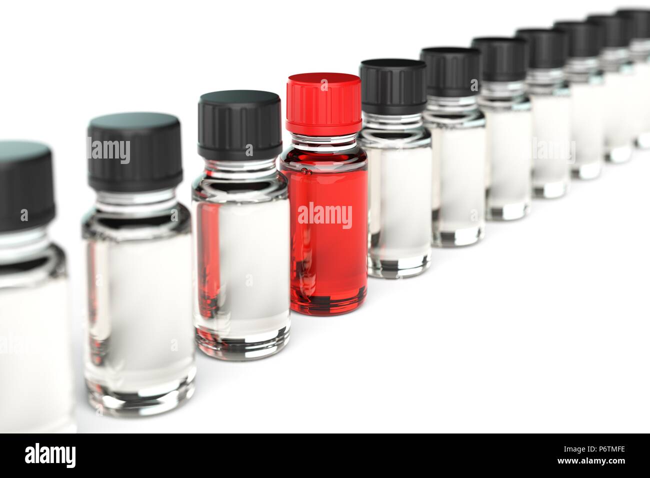 Row of transparent dropper bottles with one red exeption Stock Photo ...
