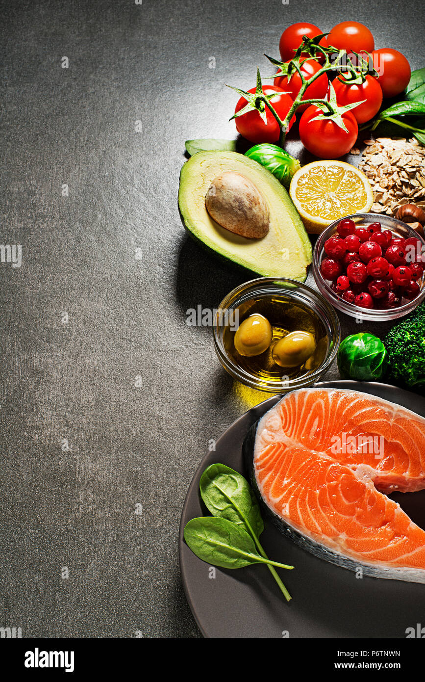 Selection Of Healthy Food With Salmon Fish Healthy Diet Foods For Heart Cholesterol And Diabetes Stock Photo Alamy