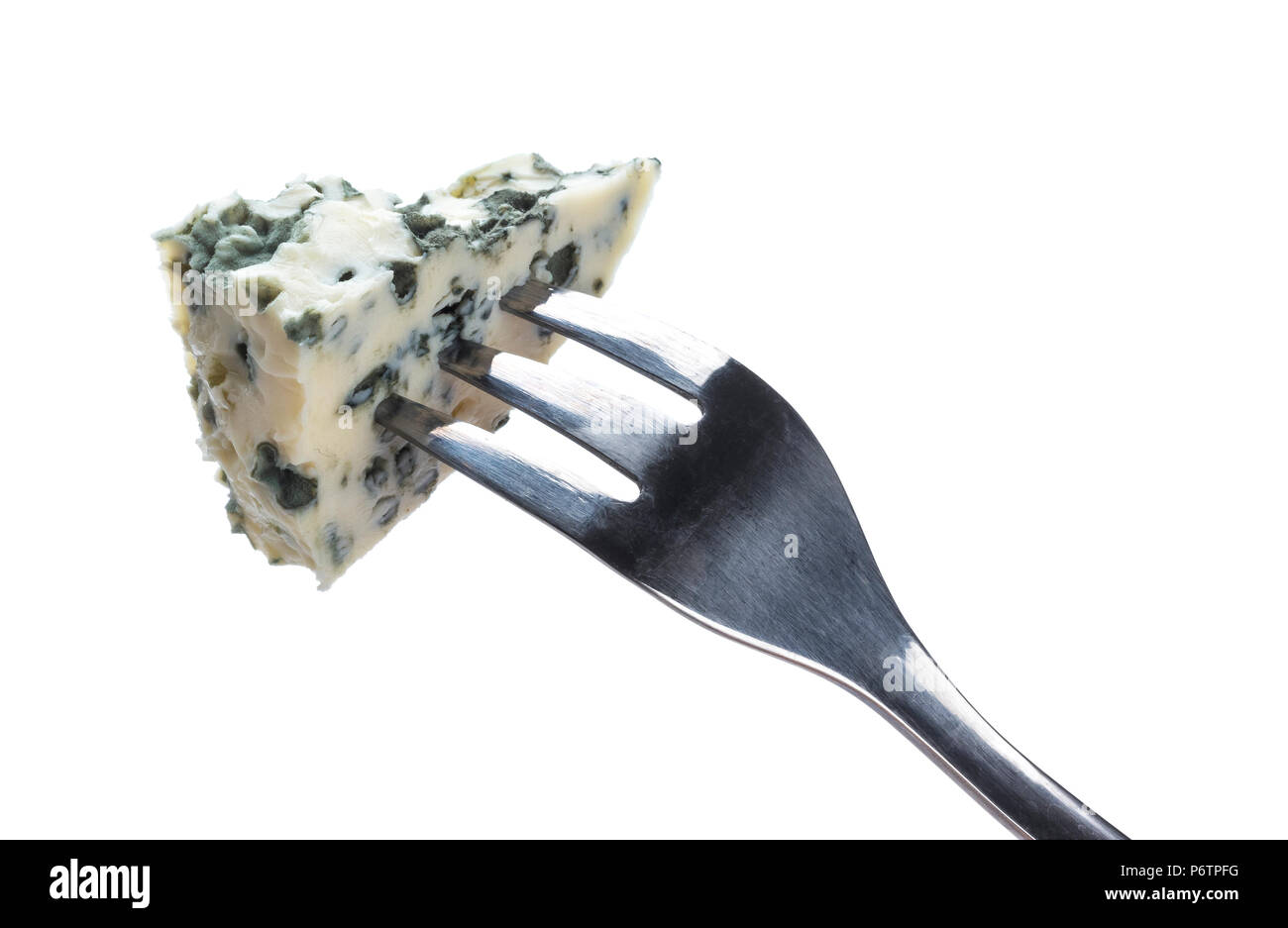 Danish blue cheese on fork isolated on white background with clipping path Stock Photo