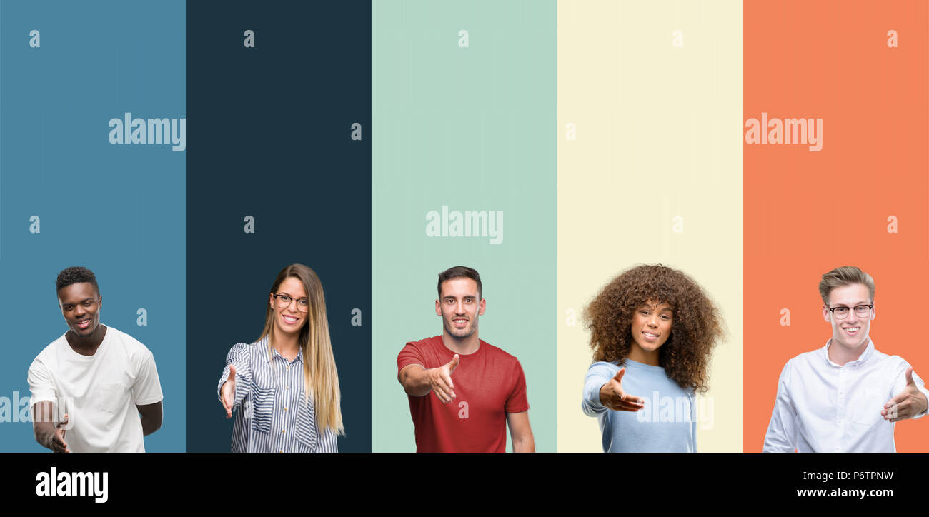 Group of people over vintage colors background smiling friendly ...