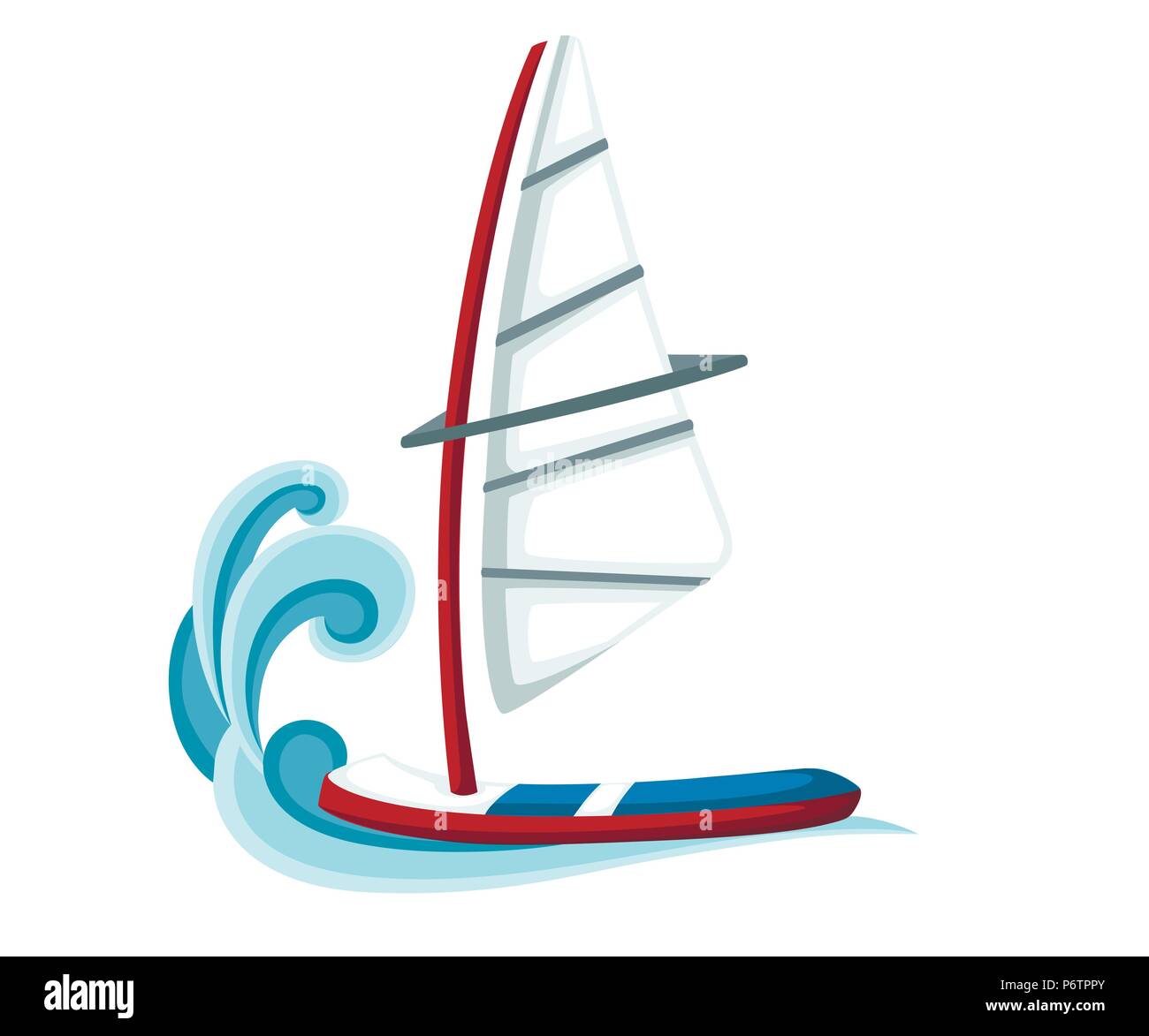 Cartoon sailing board on water. Equipment for windsurfing. Sailboard vector illustration isolated on white background. Stock Vector