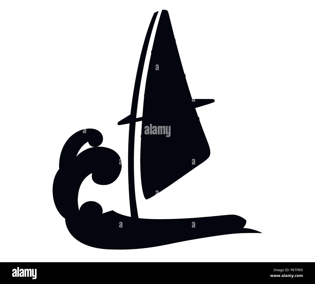 Black silhouette. Cartoon sailing board on water. Equipment for windsurfing. Sailboard vector illustration isolated on white background. Stock Vector