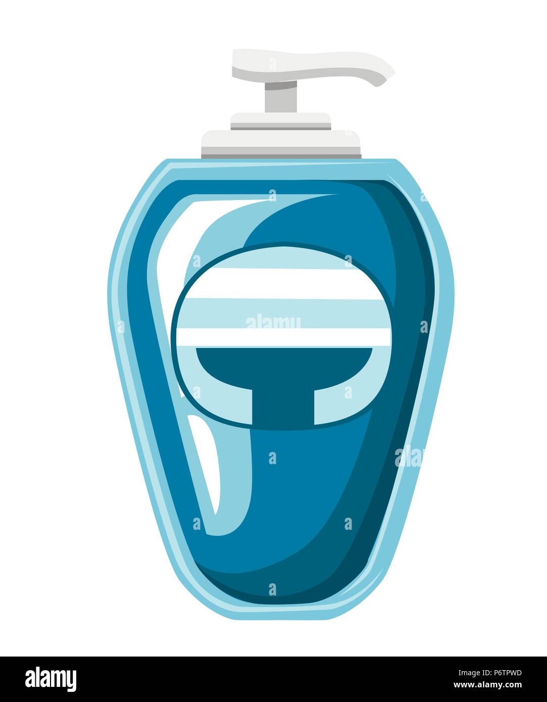 Blue liquid soap bottle. Cosmetic container with dispenser. Flat cartoon style. Vector