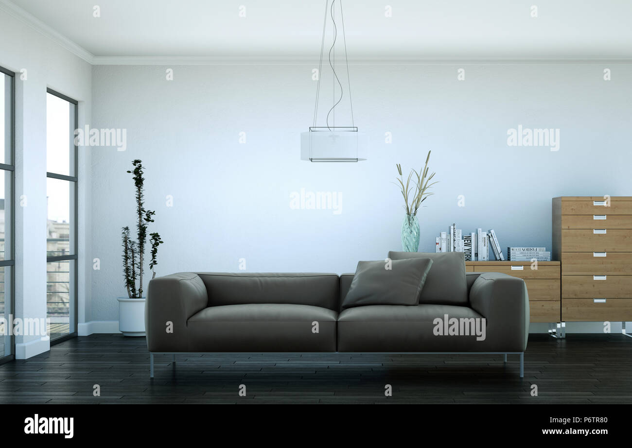 modern interior design living room with leather sofa Stock Photo - Alamy