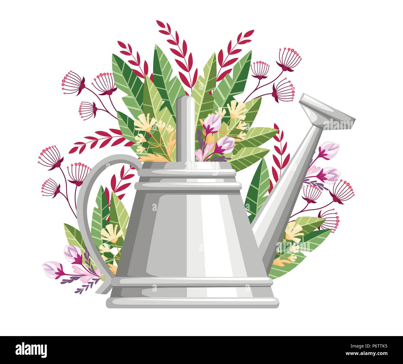 Gardening tool watering can. Metal flower can with green leaves and flowers. Farming equipment flat style. Vector illustration isolated on white backg Stock Vector