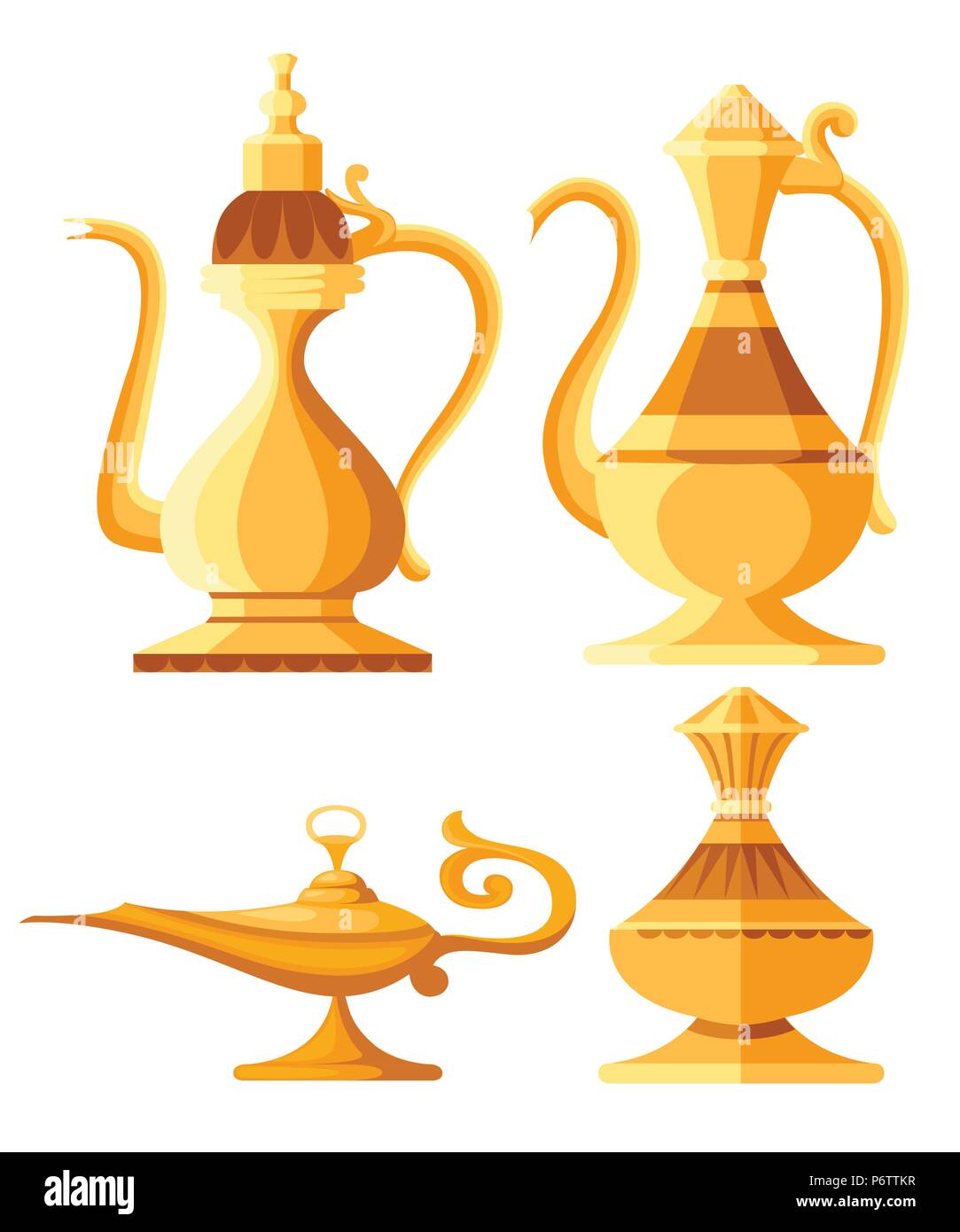 Set of arabic jug and oil lamp illustration. Aladdin magic or genie lamp. Flat style vector illustration. Isolated on white background. Stock Vector