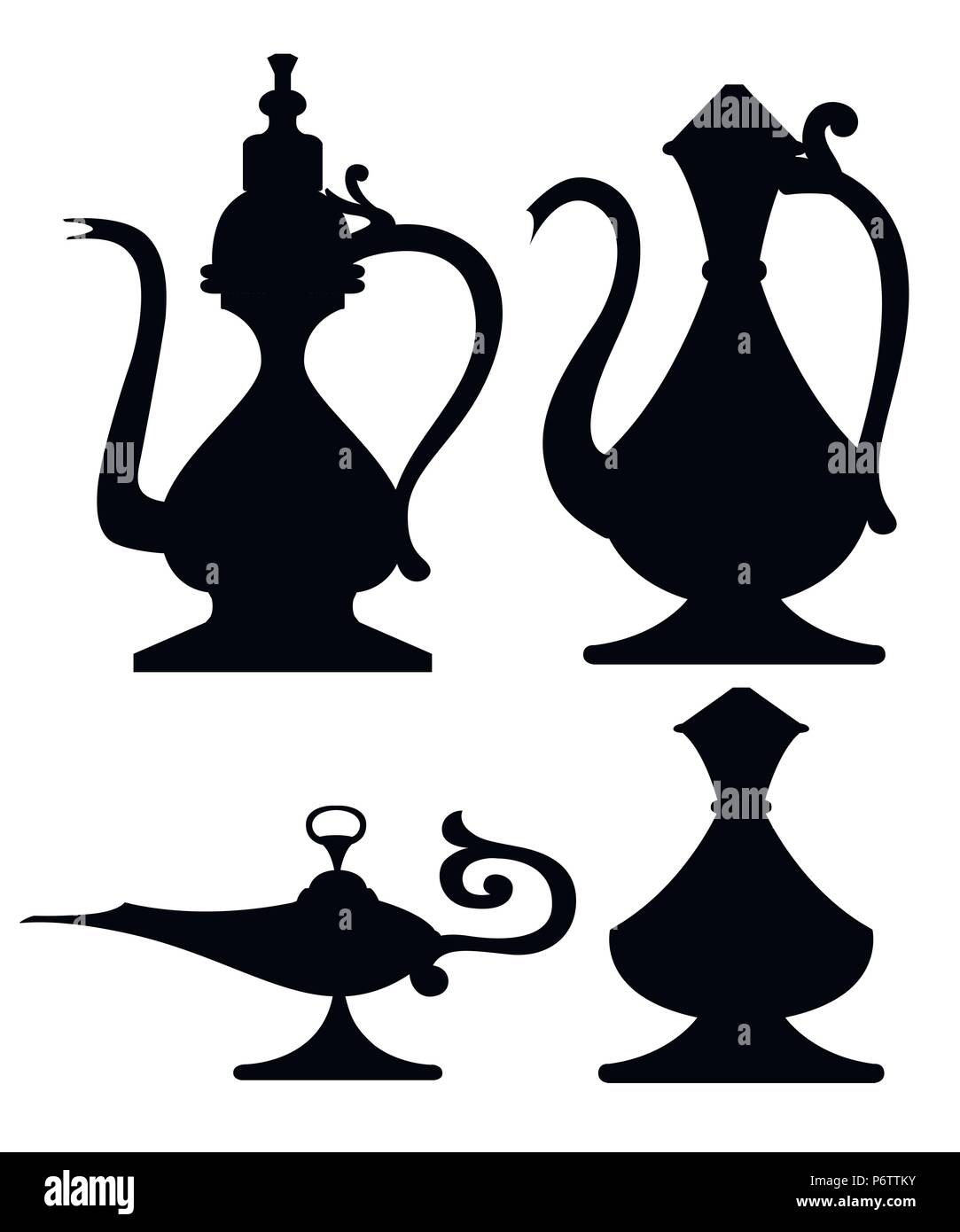 Black silhouette. Set of arabic jug and oil lamp illustration. Aladdin magic or genie lamp. Flat style vector illustration. Isolated on white backgrou Stock Vector