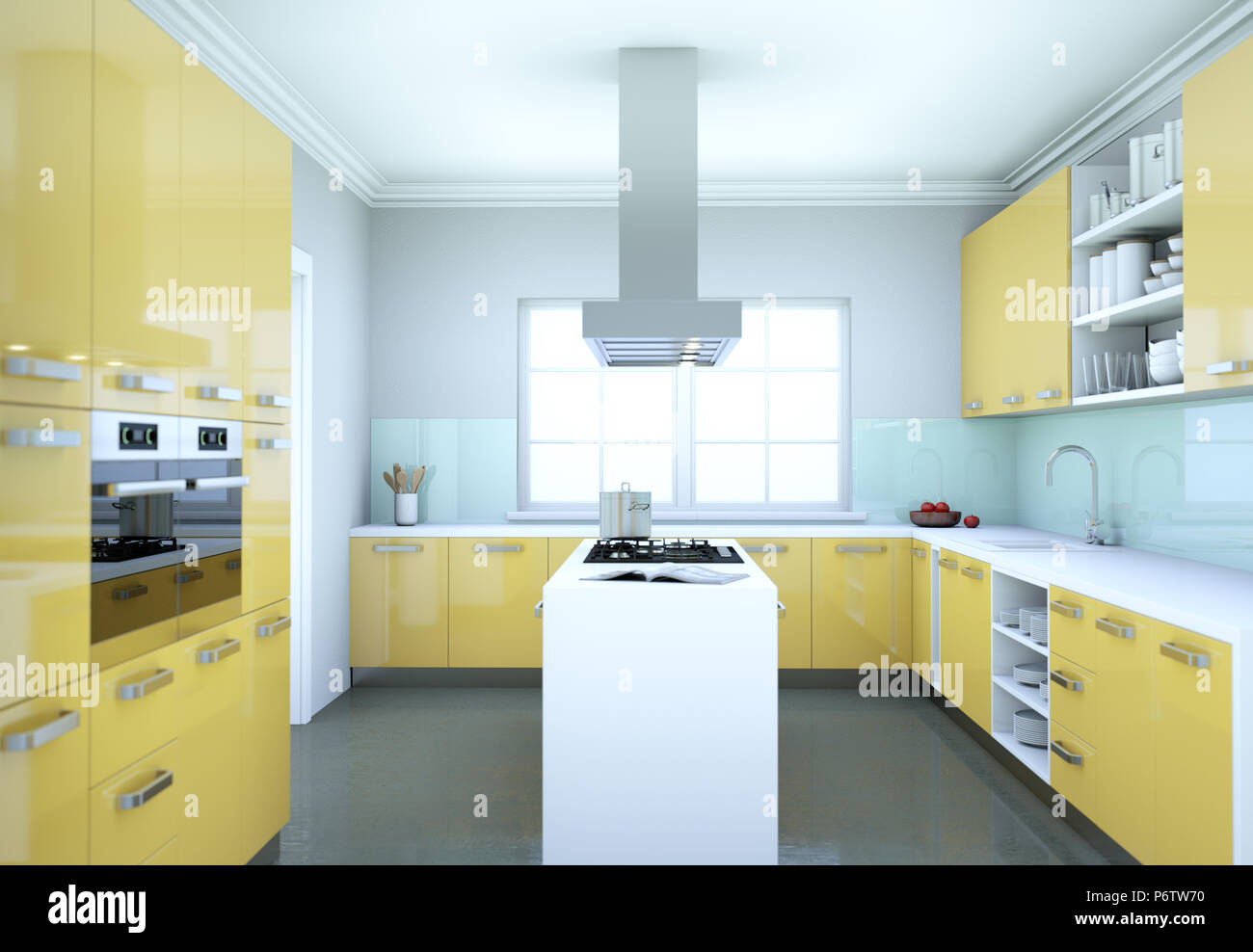 Yellow modern kitchen interior design illustration Stock Photo - Alamy