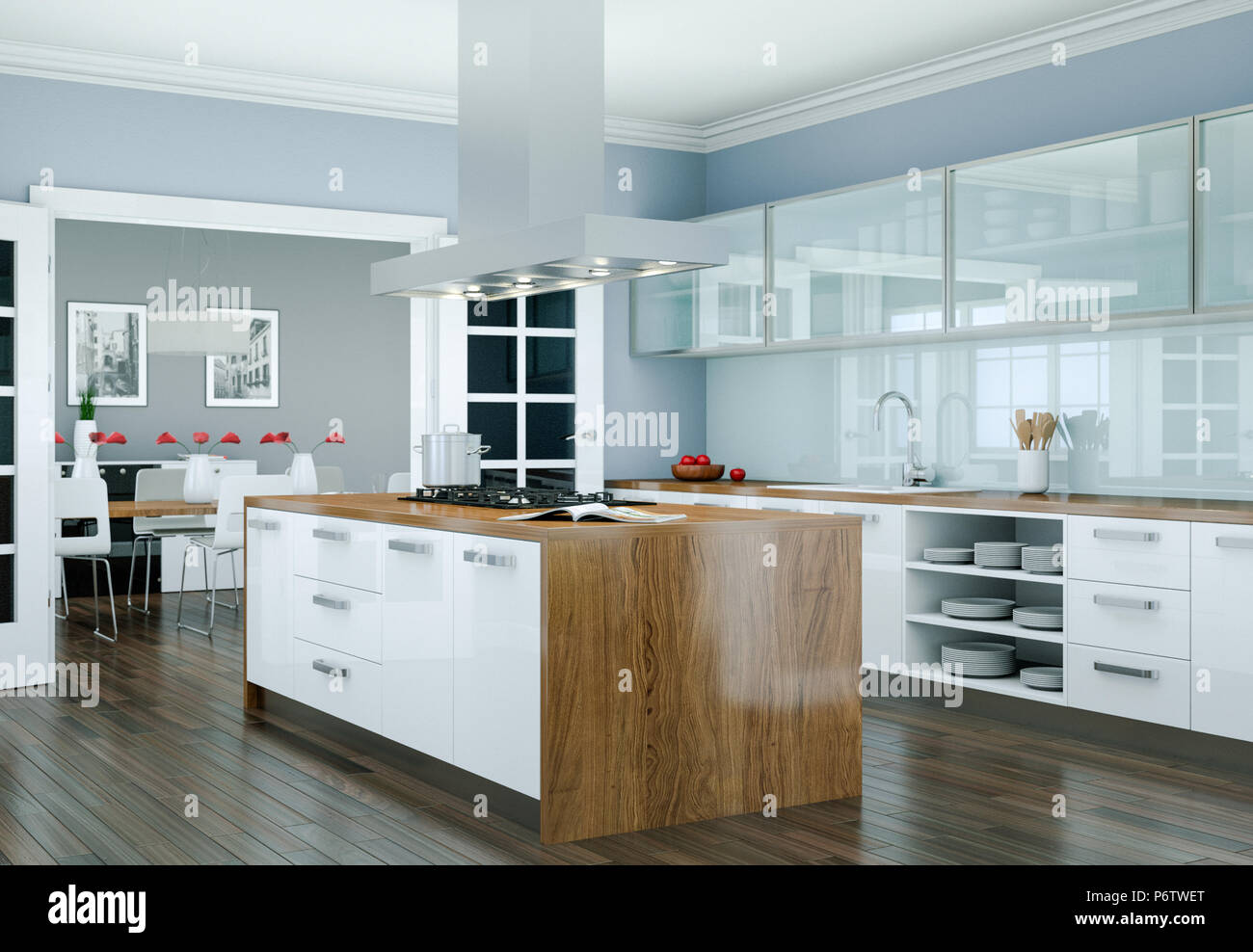 White modern kitchen interior design illustration Stock Photo Alamy