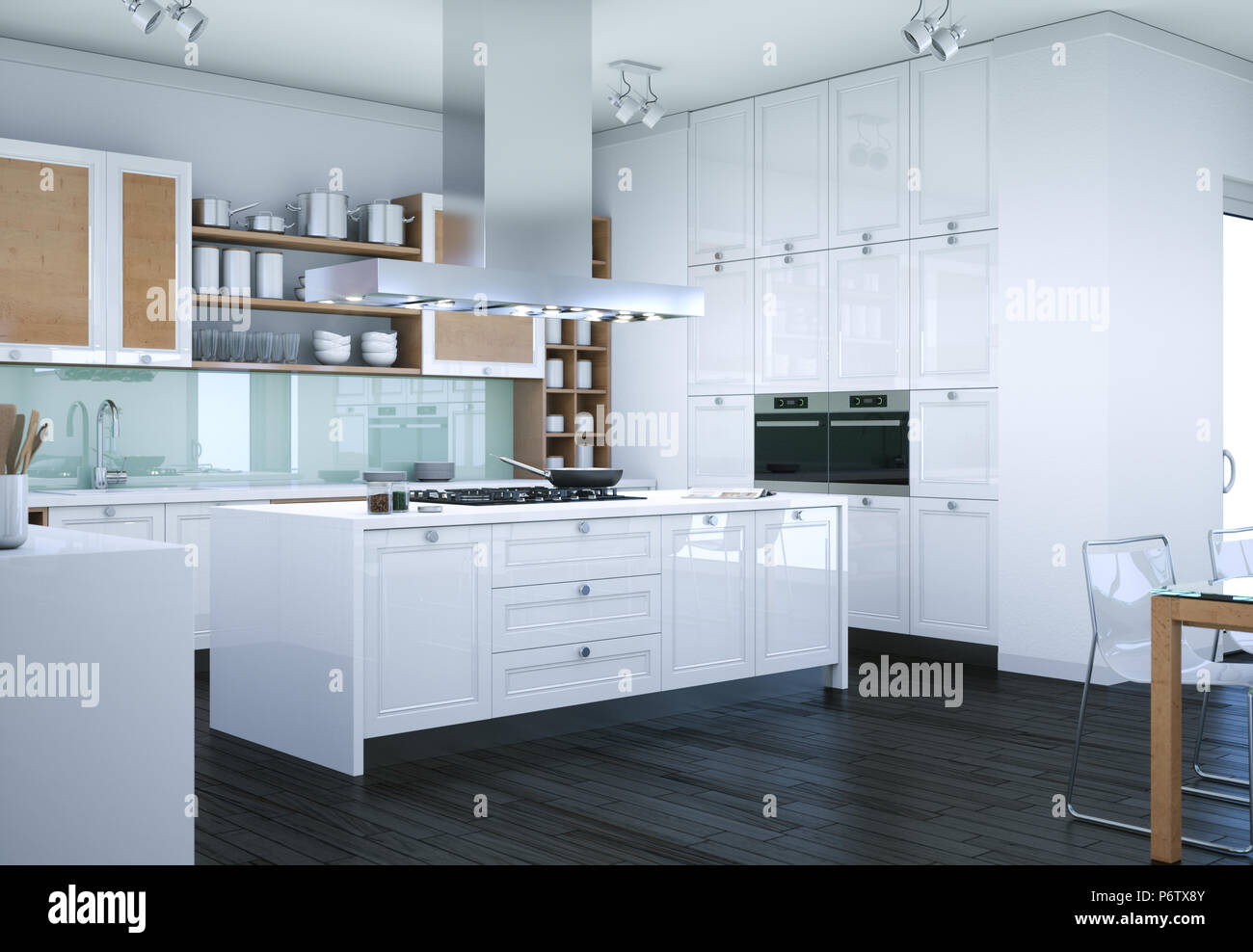 White modern kitchen interior design illustration Stock Photo - Alamy