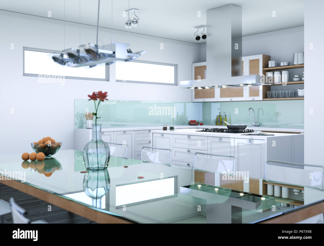 White modern kitchen interior design illustration Stock Photo - Alamy