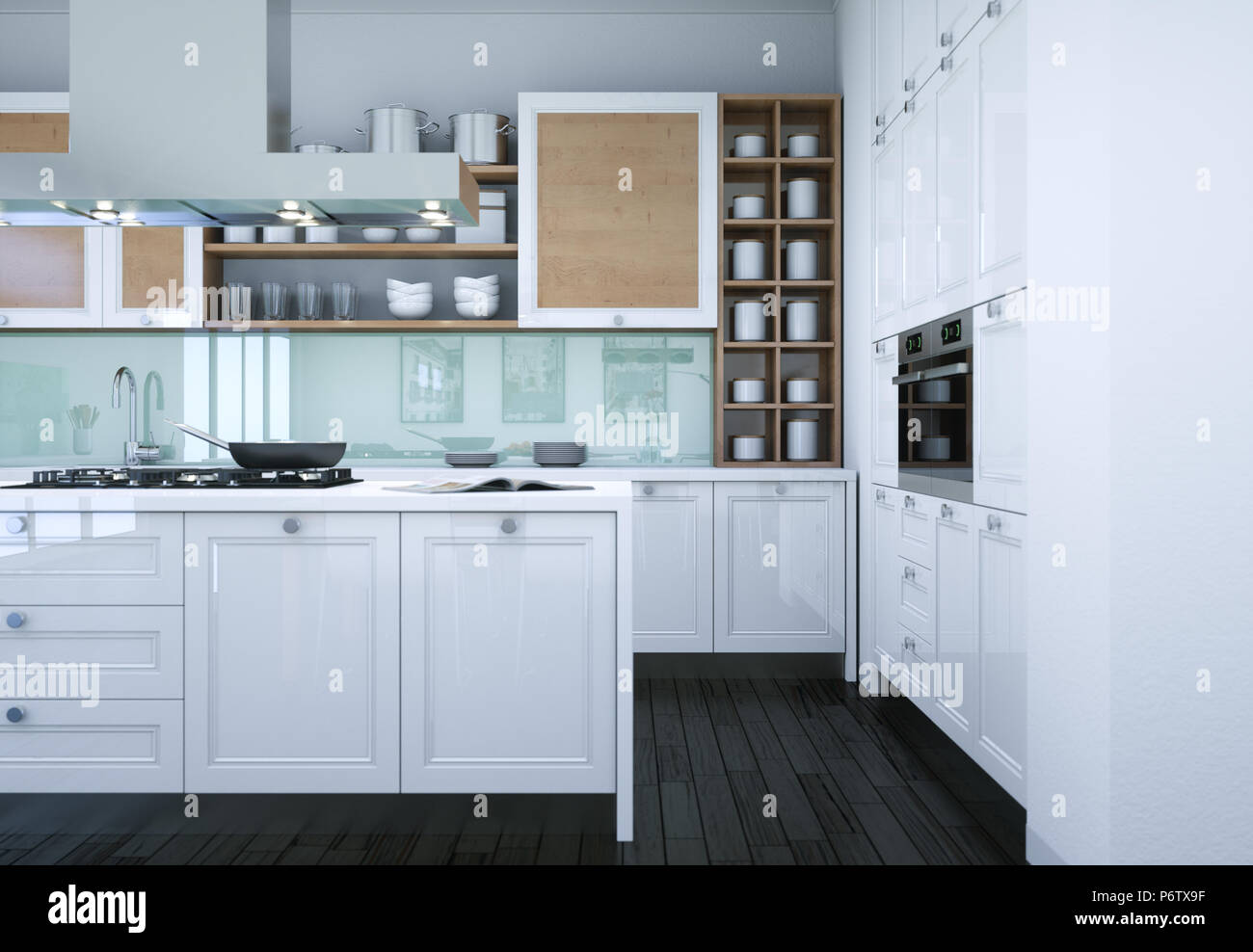 White modern kitchen interior design illustration Stock Photo - Alamy