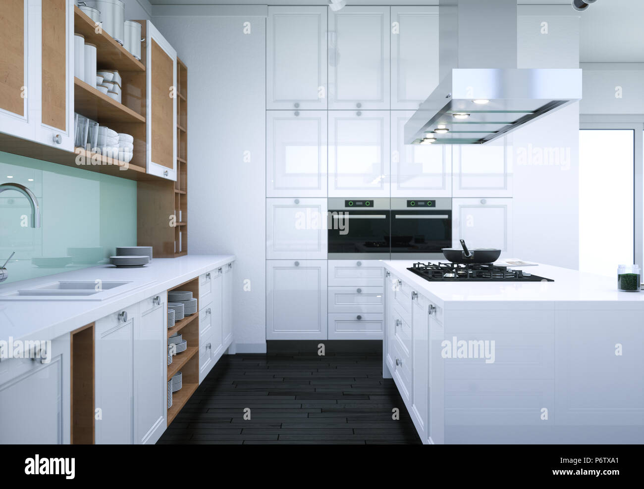 White modern kitchen interior design illustration Stock Photo Alamy
