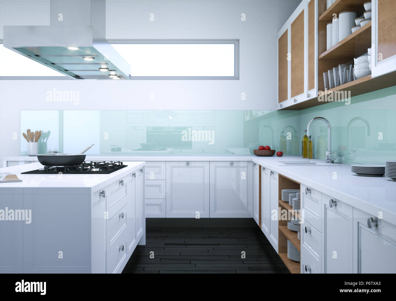 White modern kitchen interior design illustration Stock Photo - Alamy